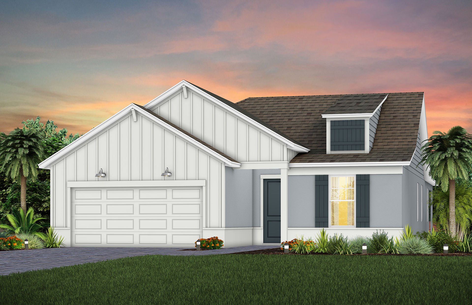 Front exterior of a new home in Del Webb Sunbridge, St. Cloud, FL, highlighting curb appeal (Image 1). Front exterior of a new home in Del Webb Sunbridge, St. Cloud, FL, highlighting curb appeal (Image 1).