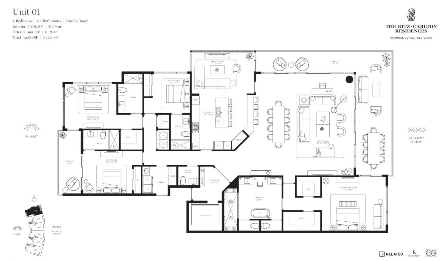 2D floor plan layout for the Unit 01 by BH Group in The Ritz-Carlton Residences, West Palm Beach, FL (Image 1).