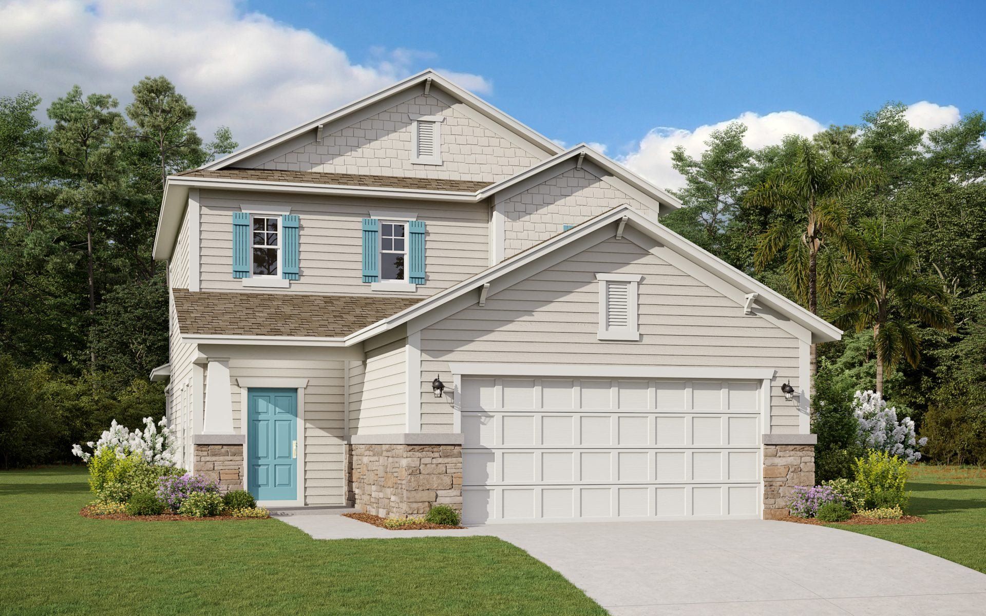 Front exterior of a new home in TrailMark, St. Augustine, FL, highlighting curb appeal (Image 1). Front exterior of a new home in TrailMark, St. Augustine, FL, highlighting curb appeal (Image 1).