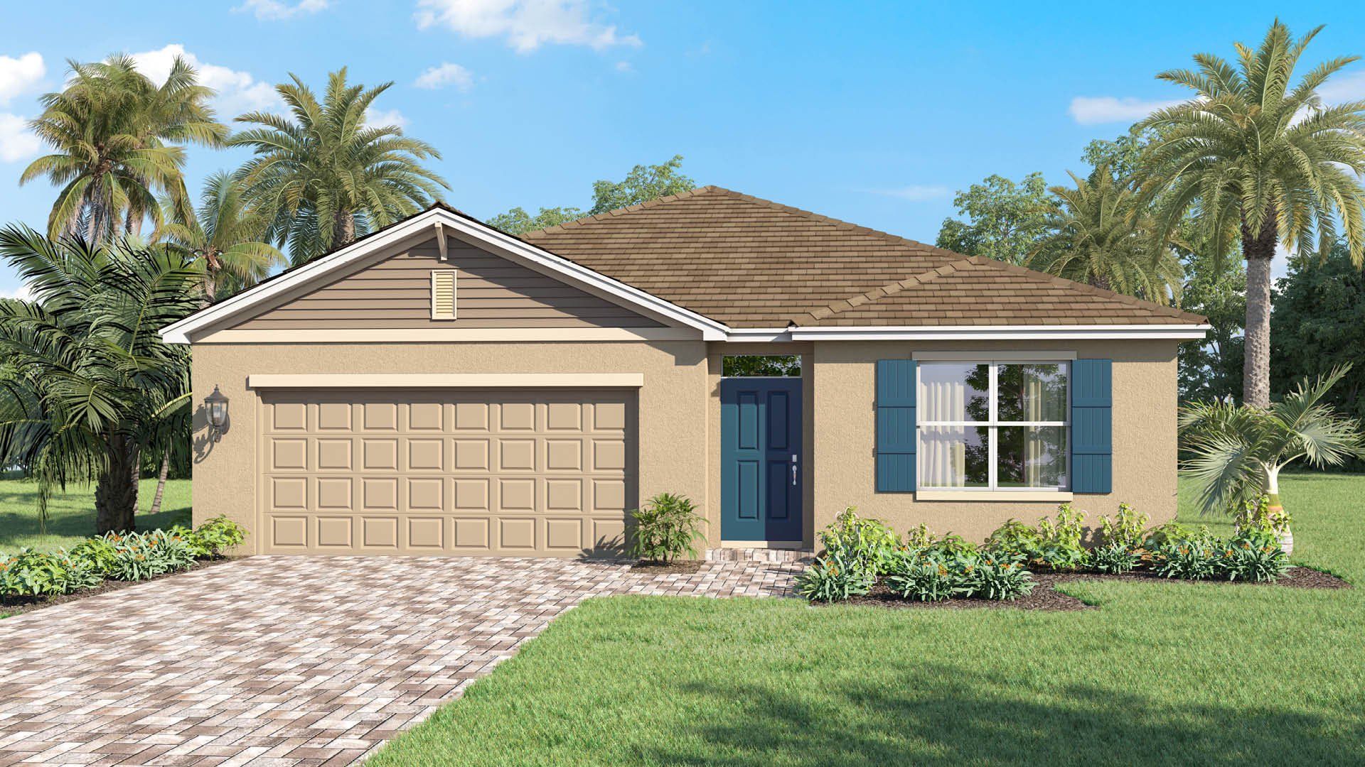 Front exterior of a new home in Venetian Grove, Vero Beach, FL, highlighting curb appeal (Image 1).