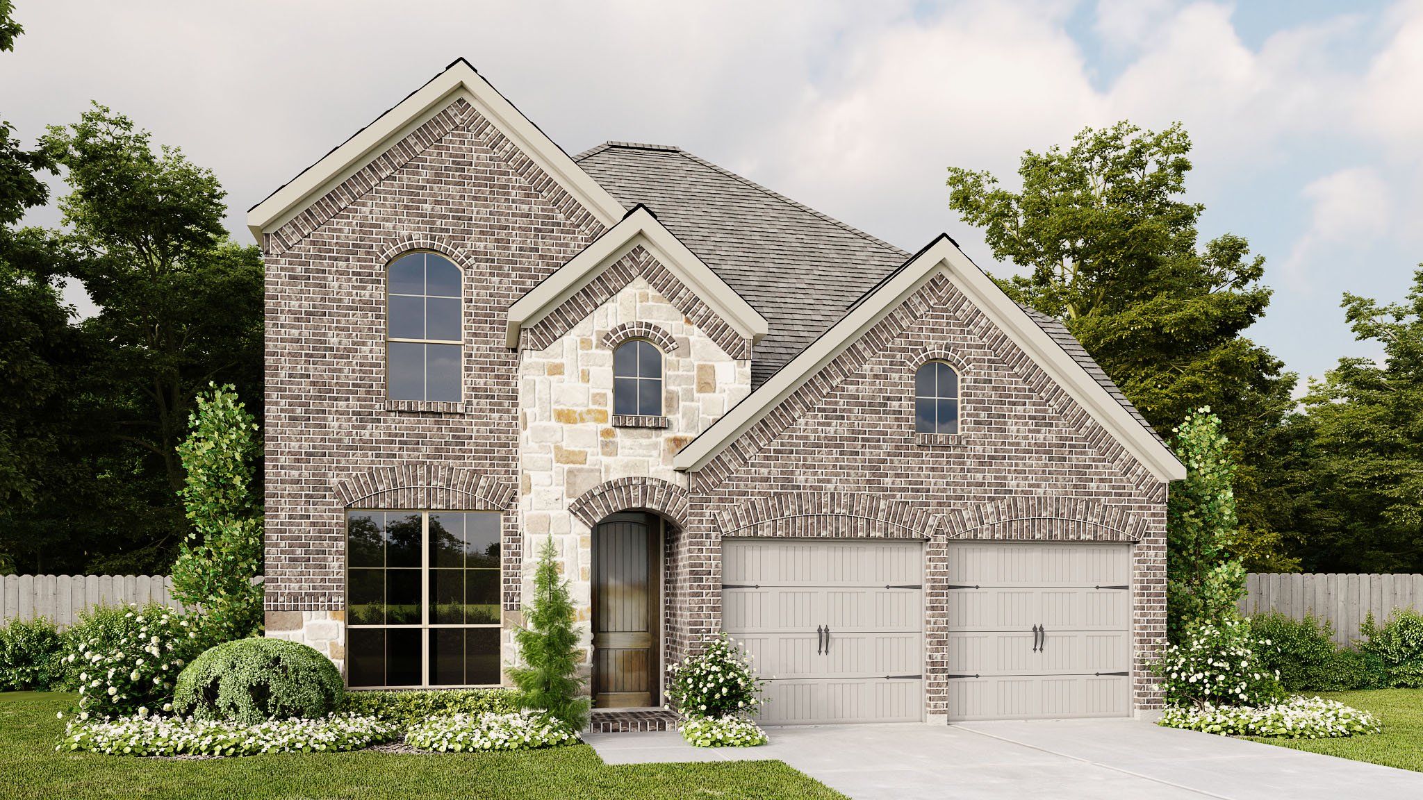 Front exterior of a new home in The Colony 45', Bastrop, TX, highlighting curb appeal (Image 1).