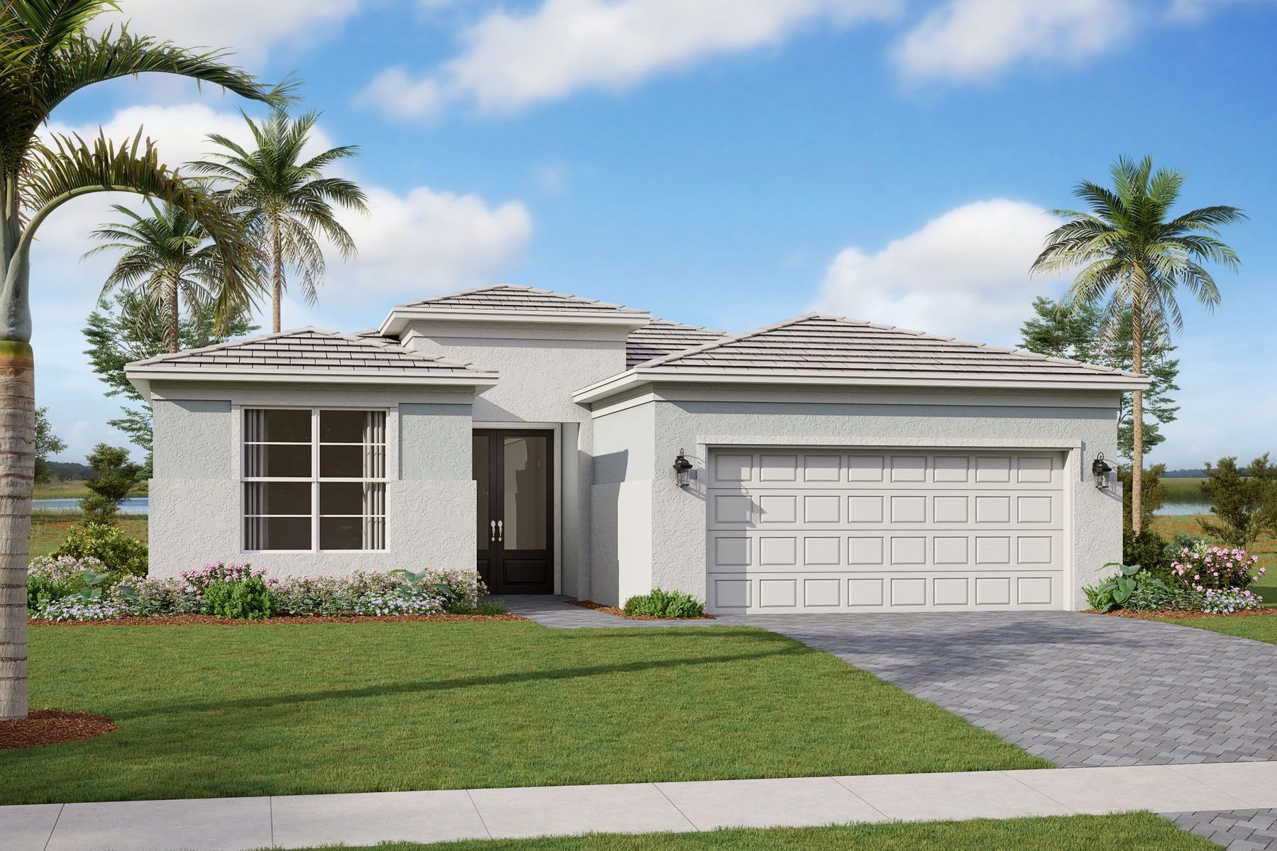 Front exterior of a new home in Tradition - Telaro, Port St. Lucie, FL, highlighting curb appeal (Image 1).