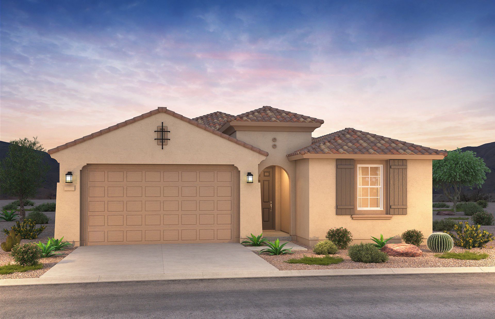 Front exterior of a new home in Blossom Rock, Apache Junction, AZ, highlighting curb appeal (Image 1).