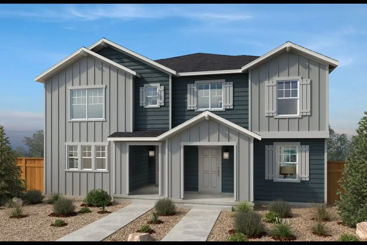 Front exterior of a new home in Farmlore Villas, Brighton, CO, highlighting curb appeal (Image 1). Front exterior of a new home in Farmlore Villas, Brighton, CO, highlighting curb appeal (Image 1).