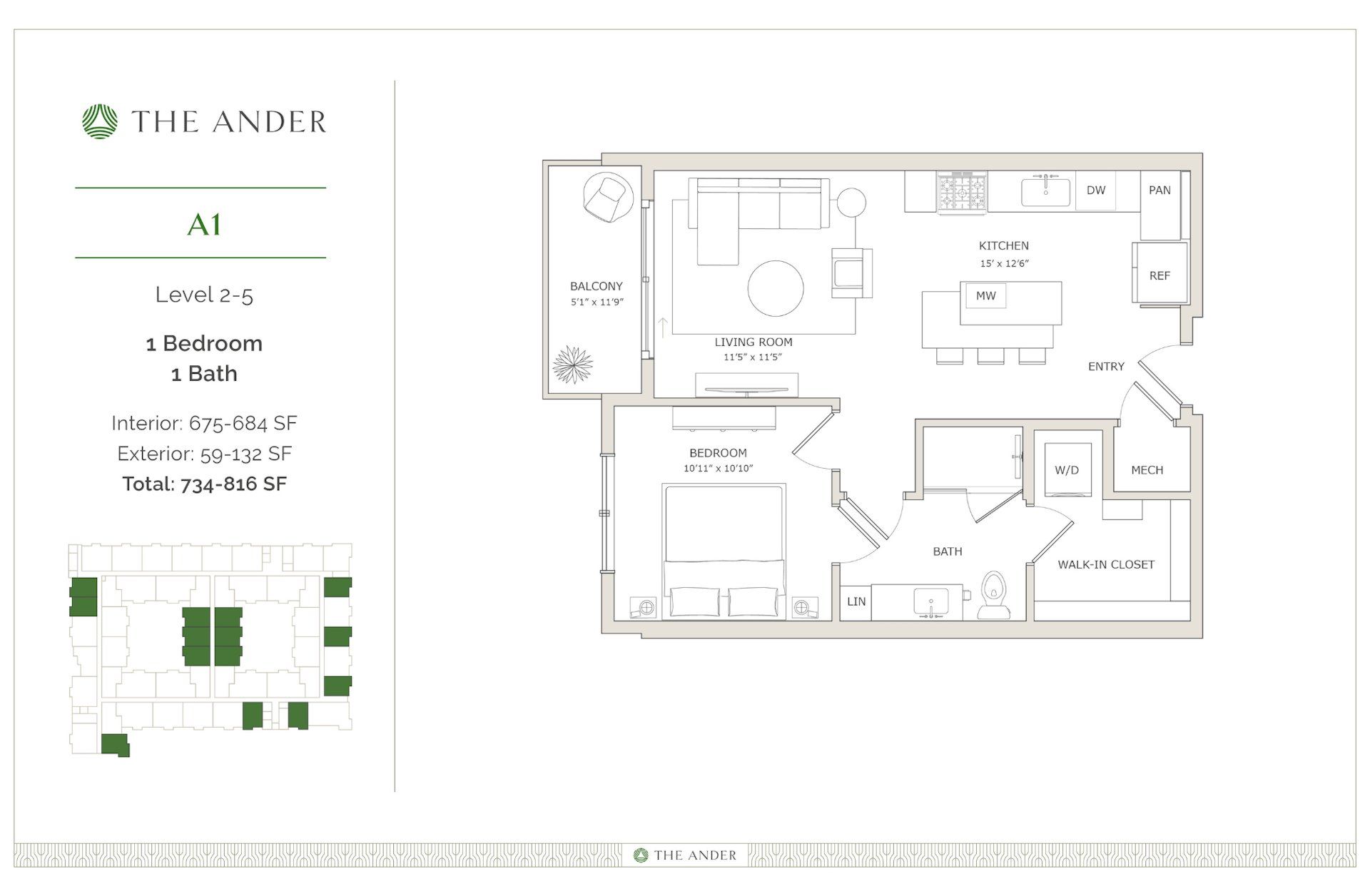 2D floor plan layout for the A1 by Ledgestone Development Group in The Ander, Austin, TX (Image 1).