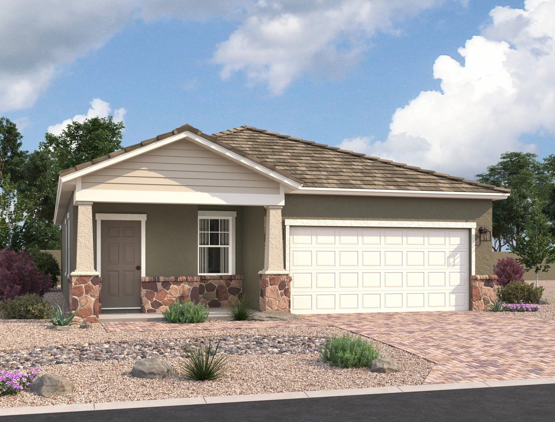 Front exterior of a new home in The Trails, Phoenix, AZ, highlighting curb appeal (Image 1). Front exterior of a new home in The Trails, Phoenix, AZ, highlighting curb appeal (Image 1).
