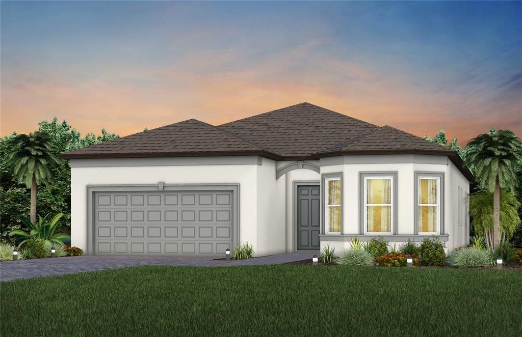 Front exterior of a new home in Del Webb Sunchase, Parrish, FL, highlighting curb appeal (Image 1). Front exterior of a new home in Del Webb Sunchase, Parrish, FL, highlighting curb appeal (Image 1).