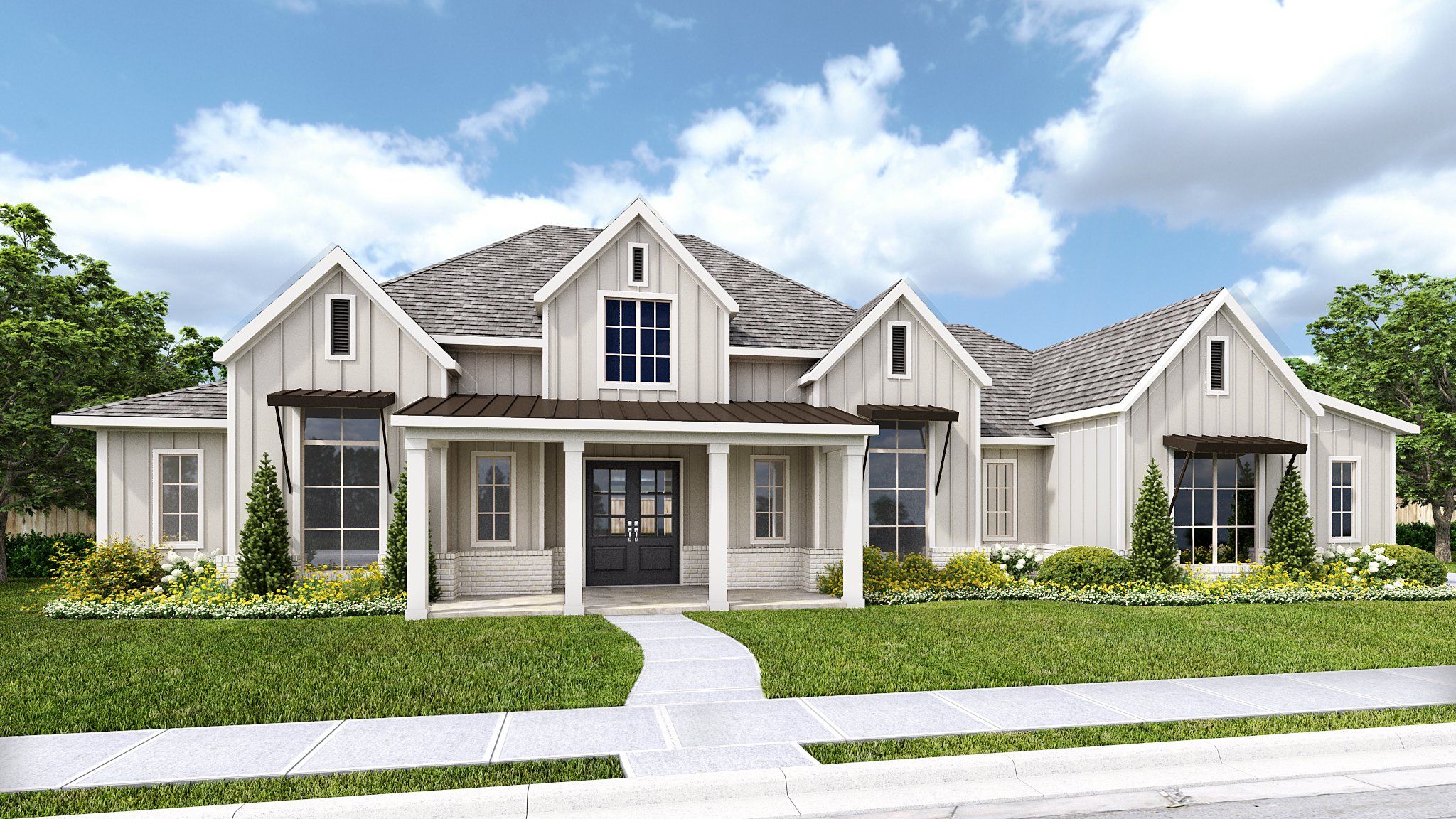Front exterior of a new home in George's Ranch, Boerne, TX, highlighting curb appeal (Image 1). Front exterior of a new home in George's Ranch, Boerne, TX, highlighting curb appeal (Image 1).