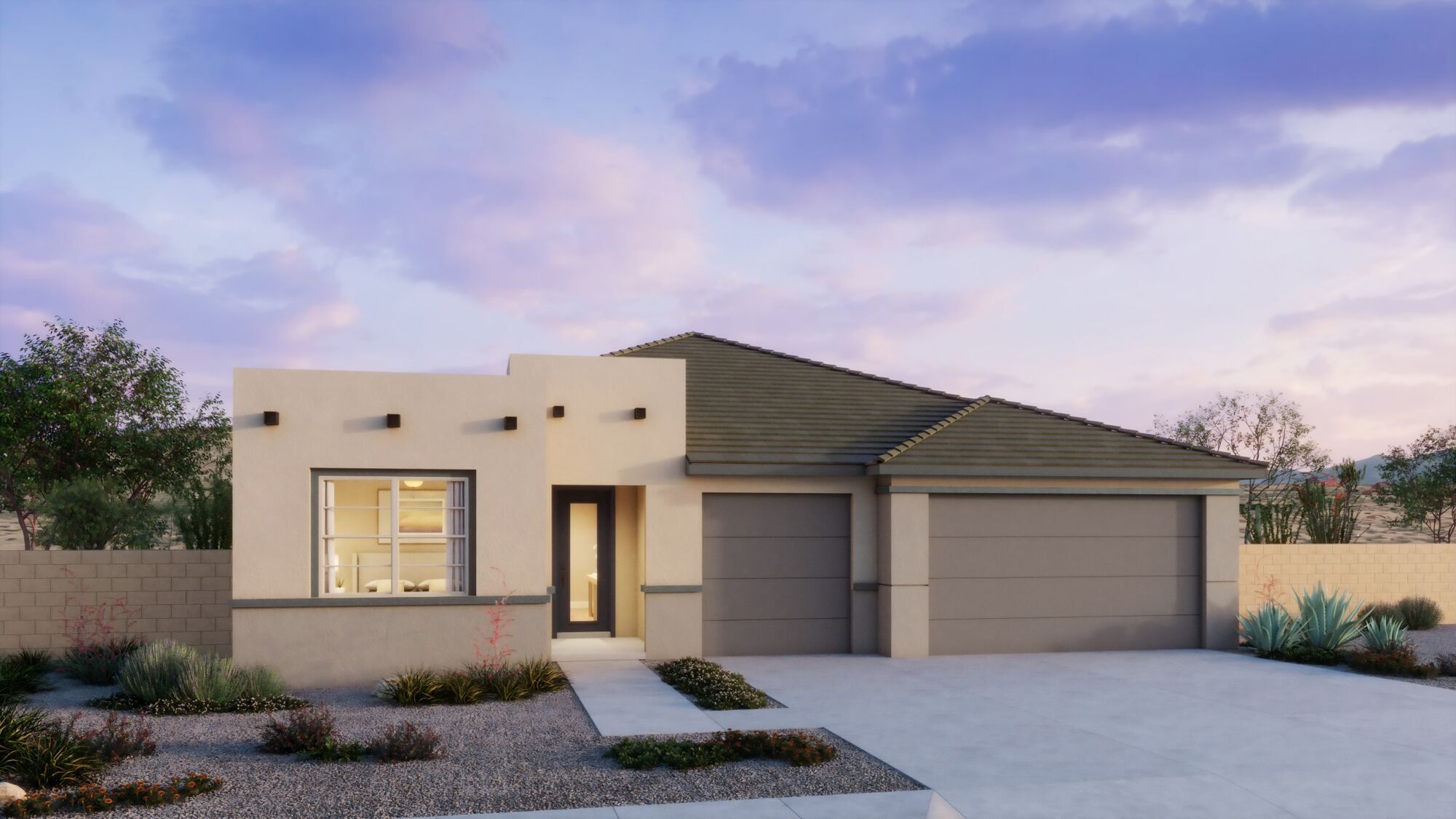 Front exterior of a new home in Montelena, Marana, AZ, highlighting curb appeal (Image 1).