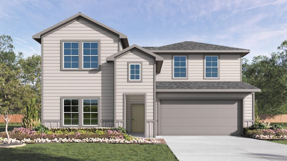Front exterior of a new home in Prairie Lakes, Buda, TX, highlighting curb appeal (Image 1). Front exterior of a new home in Prairie Lakes, Buda, TX, highlighting curb appeal (Image 1).