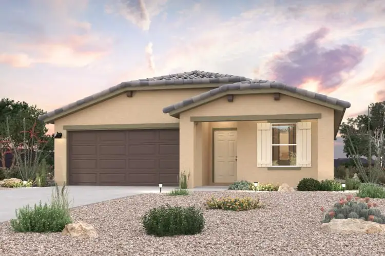 Front exterior of a new home in Haven at Mission Ranch, Casa Grande, AZ, highlighting curb appeal (Image 1). Front exterior of a new home in Haven at Mission Ranch, Casa Grande, AZ, highlighting curb appeal (Image 1).