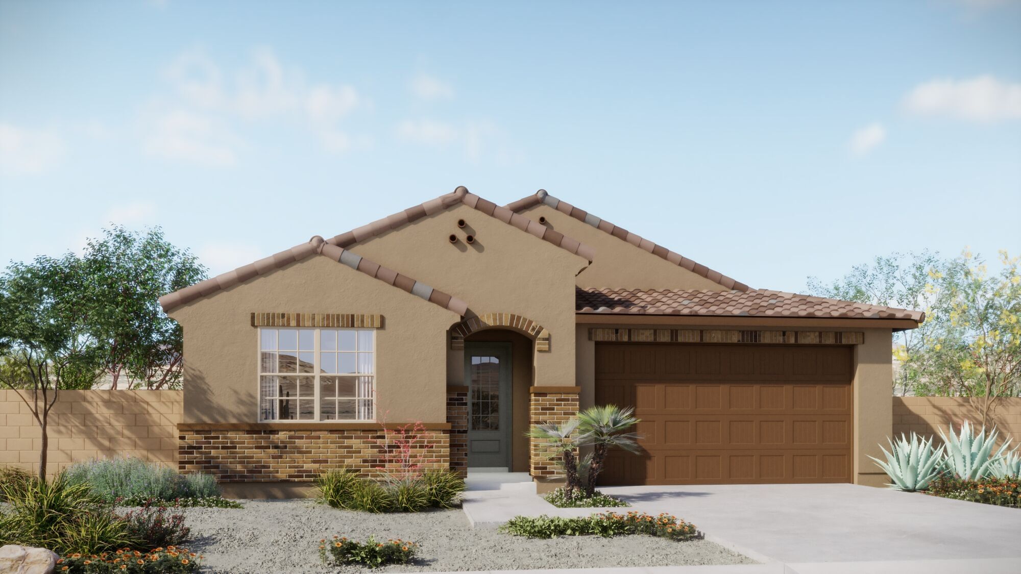 Front exterior of a new home in Covena Pointe, Tucson, AZ, highlighting curb appeal (Image 1). Front exterior of a new home in Covena Pointe, Tucson, AZ, highlighting curb appeal (Image 1).