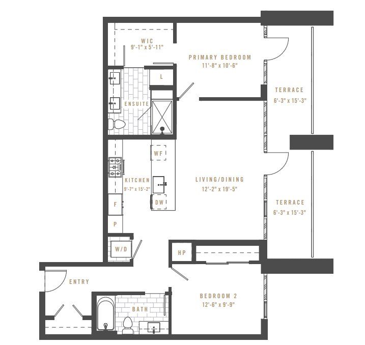 2D floor plan layout for the THE BROADWAY by Amacon in Upton Residences, Denver, CO (Image 1).