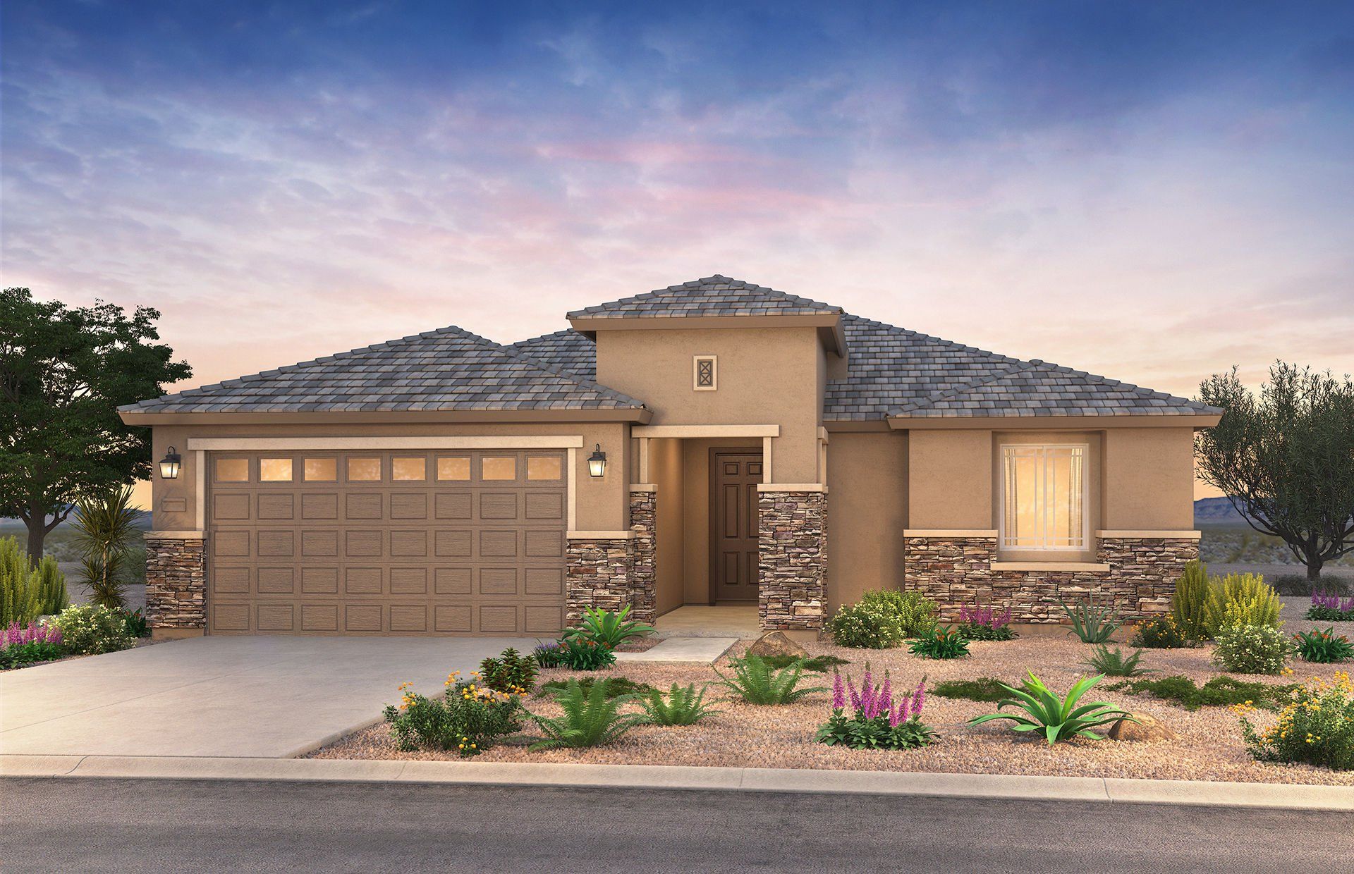 Front exterior of a new home in Aloravita, Peoria, AZ, highlighting curb appeal (Image 1). Front exterior of a new home in Aloravita, Peoria, AZ, highlighting curb appeal (Image 1).