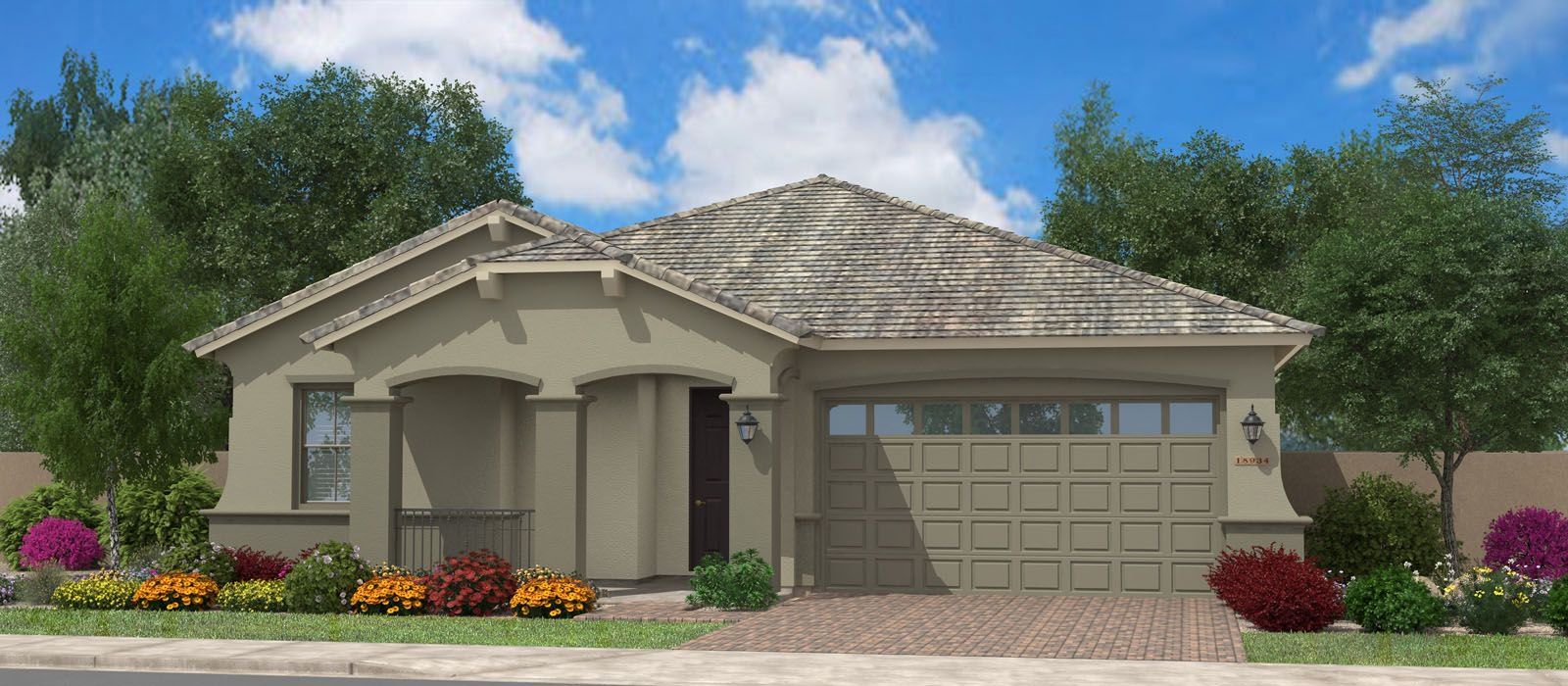 Front exterior of a new home in North Shore at Promenade, San Tan Valley, AZ, highlighting curb appeal (Image 1).