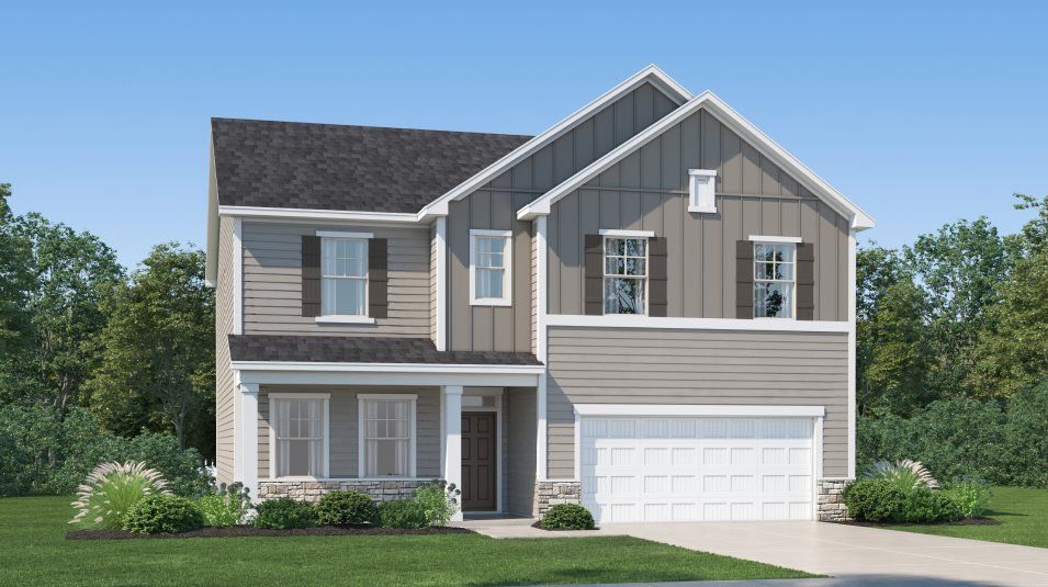 Front exterior of a new home in Sherri Downs, Angier, NC, highlighting curb appeal (Image 1). Front exterior of a new home in Sherri Downs, Angier, NC, highlighting curb appeal (Image 1).