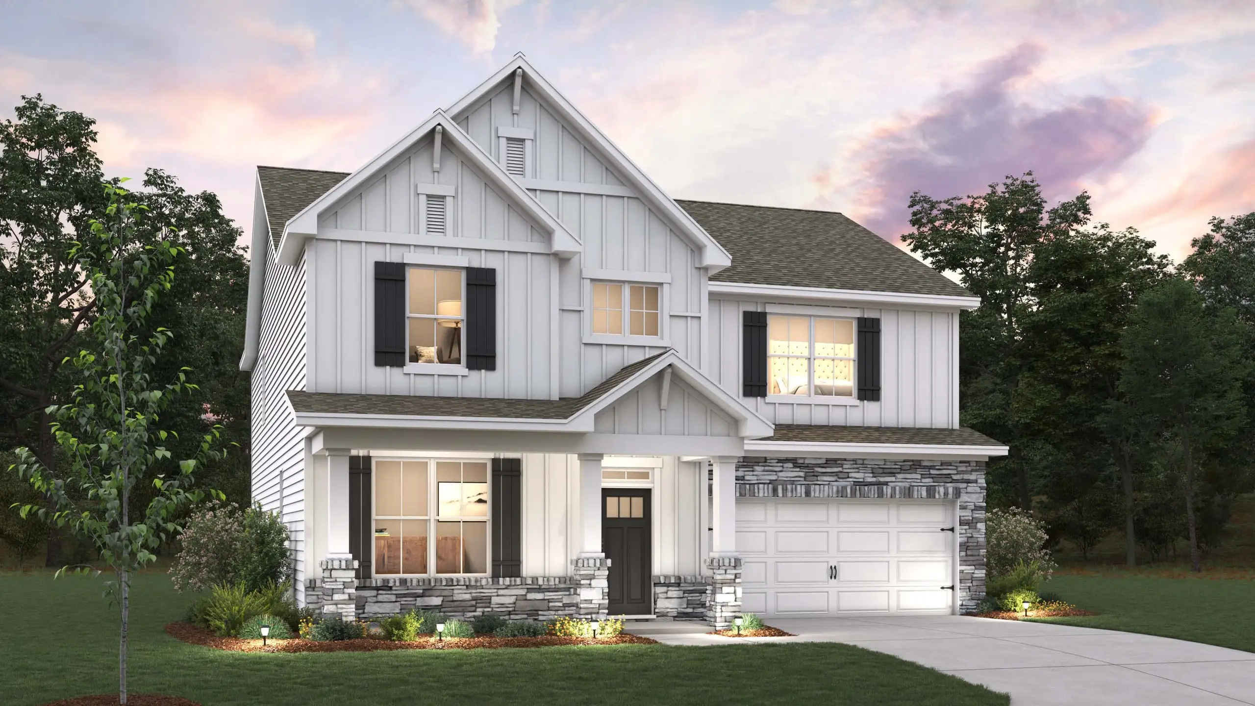 Front exterior of a new home in Avalon of Gastonia, Gastonia, NC, highlighting curb appeal (Image 1). Front exterior of a new home in Avalon of Gastonia, Gastonia, NC, highlighting curb appeal (Image 1).