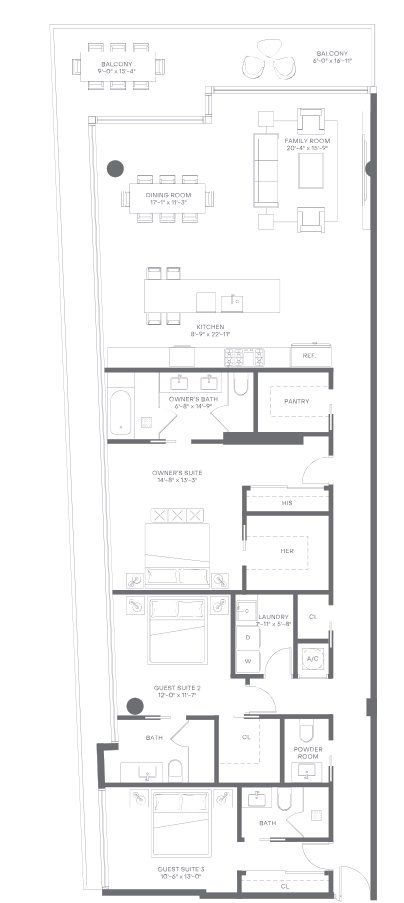 2D floor plan layout for the Residence 401 by Regency Development Group in La Maré Bay Harbor Islands Signature Collection, Bay Harbor Islands, FL (Image 1).