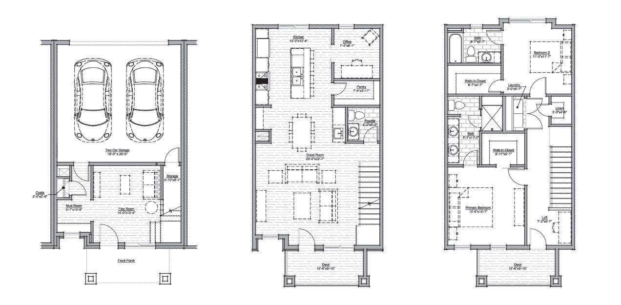 2D floor plan layout for the Aspen by D.H. Friedman Properties LLC in A Line Townhomes, Denver, CO (Image 1).