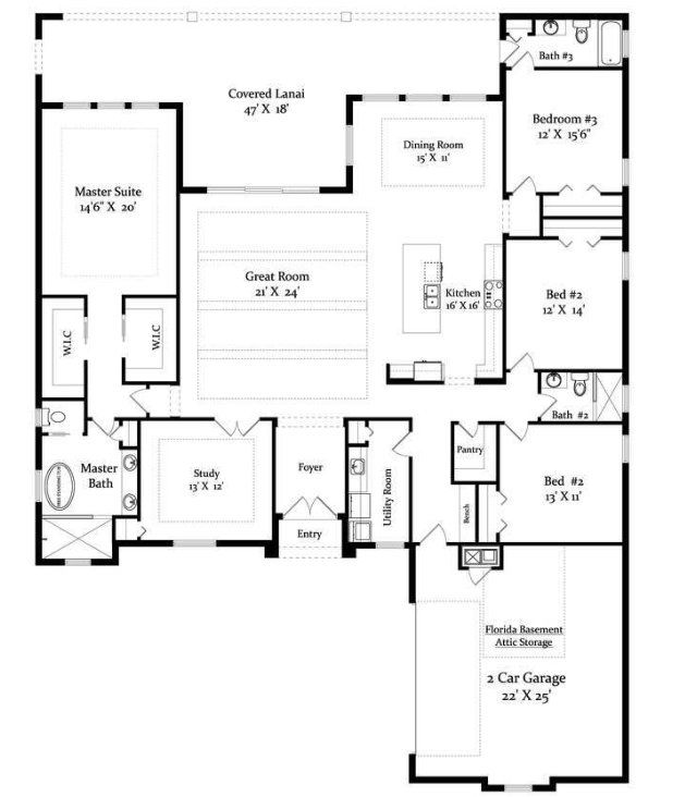 2D floor plan layout for the The Naples Plan by Gold Coast Custom Homes in The Conservatory, Palm Coast, FL (Image 1).