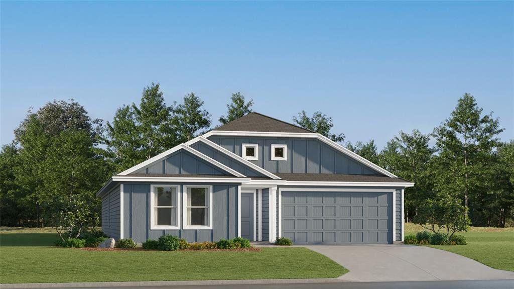 Modern craftsman exterior featuring gray horizontal siding, vertical accent siding, white trim, a two-car garage, and a gabled roofline Modern craftsman exterior featuring gray horizontal siding, vertical accent siding, white trim, a two-car garage, and a gabled roofline