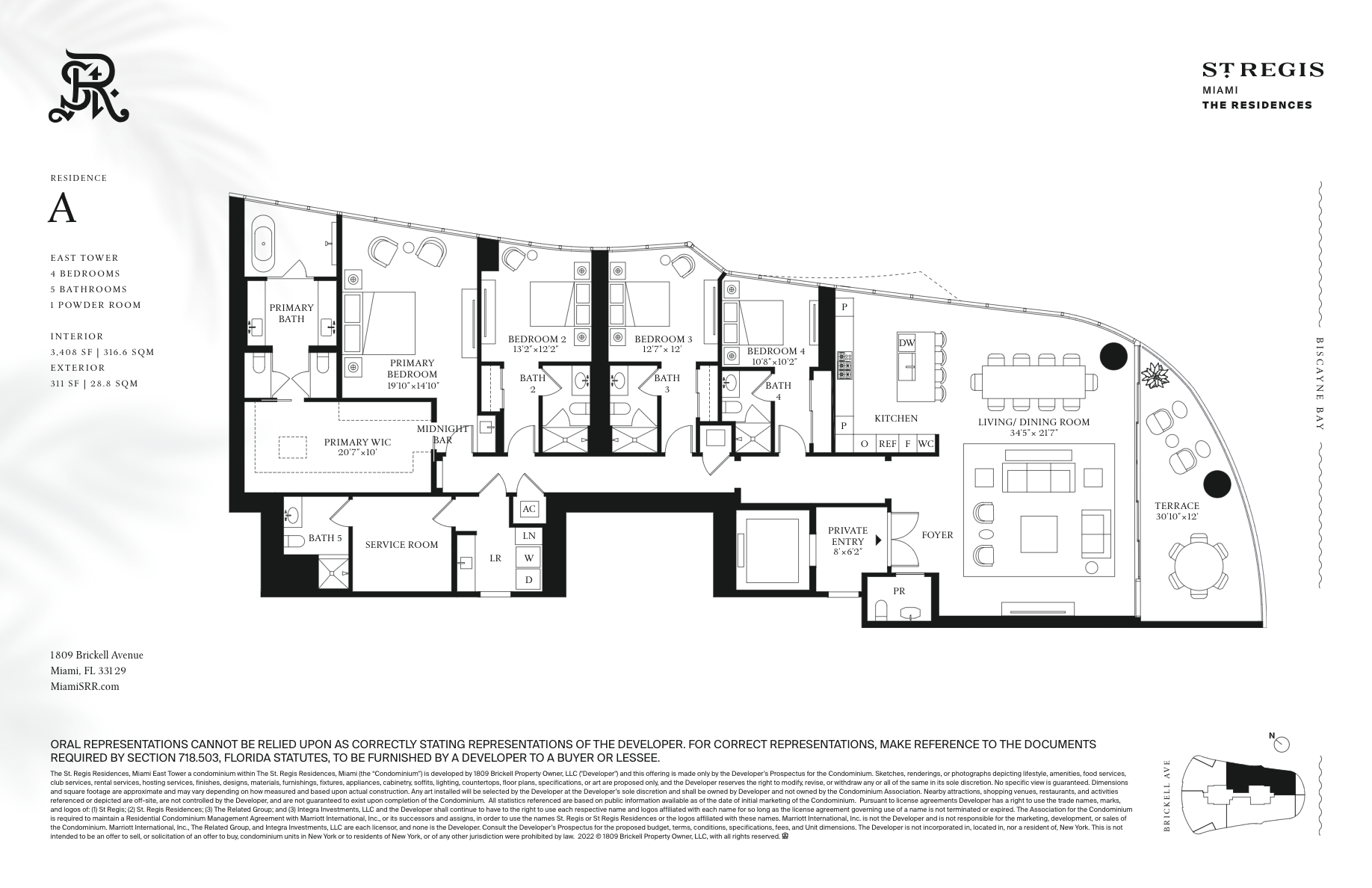 2D floor plan layout for the Residence A by Related Group in St. Regis Residences Brickell, Miami, FL (Image 1).