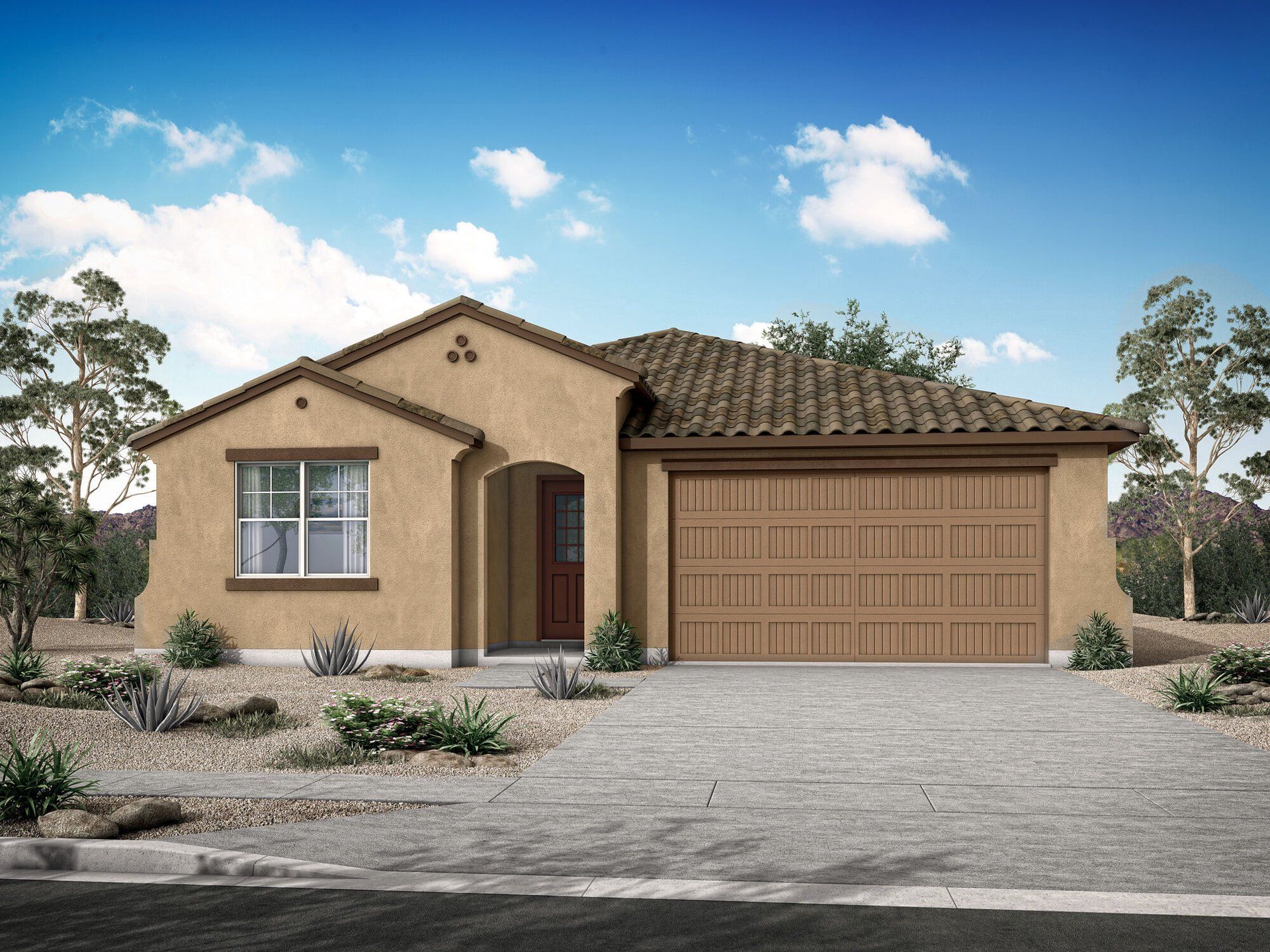 Front exterior of a new home in Pinnacle at San Tan Heights, San Tan Valley, AZ, highlighting curb appeal (Image 1). Front exterior of a new home in Pinnacle at San Tan Heights, San Tan Valley, AZ, highlighting curb appeal (Image 1).