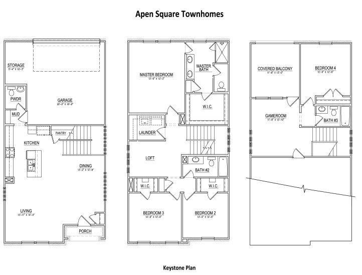 2D floor plan layout for the Keystone by Aspen Square Homes in Aspen Square Townhomes, Irving, TX (Image 1).