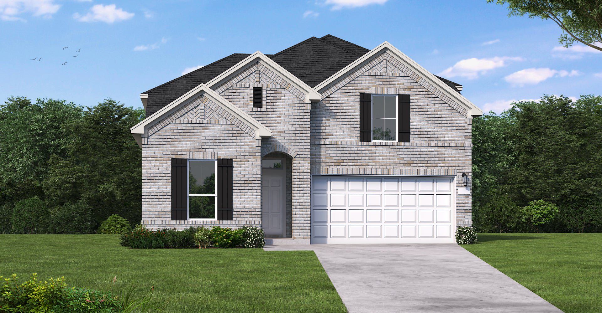Front exterior of a new home in Pomona 50' & 55', Manvel, TX, highlighting curb appeal (Image 1). Front exterior of a new home in Pomona 50' & 55', Manvel, TX, highlighting curb appeal (Image 1).