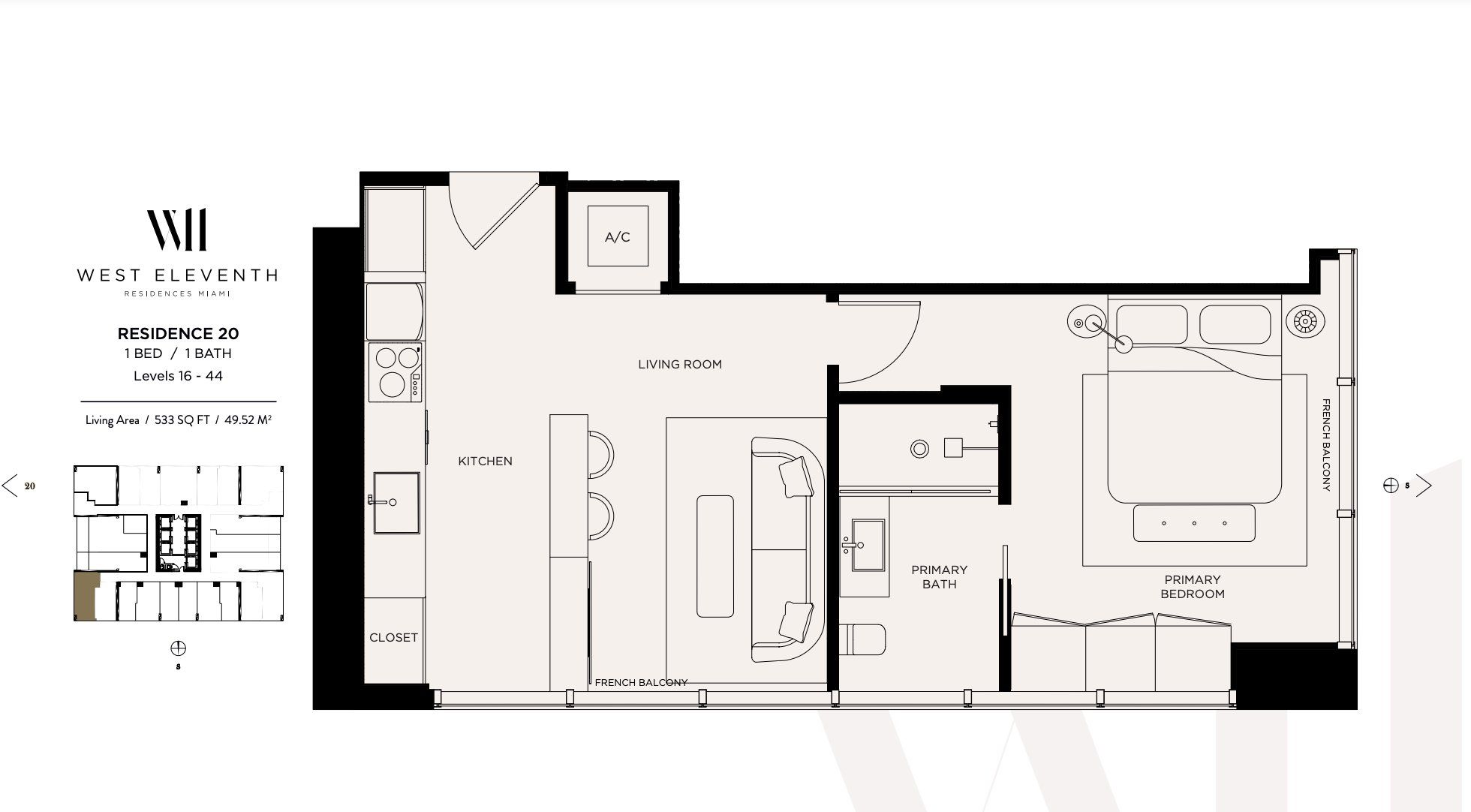 2D floor plan layout for the Residence 20 by Property Markets Group in West Eleventh Residences, Miami, FL (Image 1). 2D floor plan layout for the Residence 20 by Property Markets Group in West Eleventh Residences, Miami, FL (Image 1).