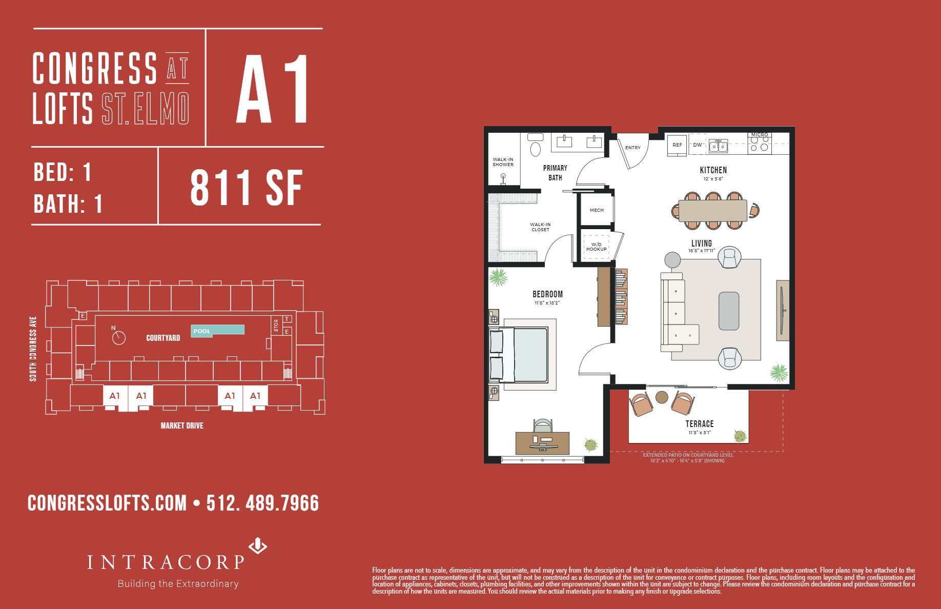 2D floor plan layout for the A1 by Intracorp in Congress Lofts Saint Elmo, Austin, TX (Image 1).