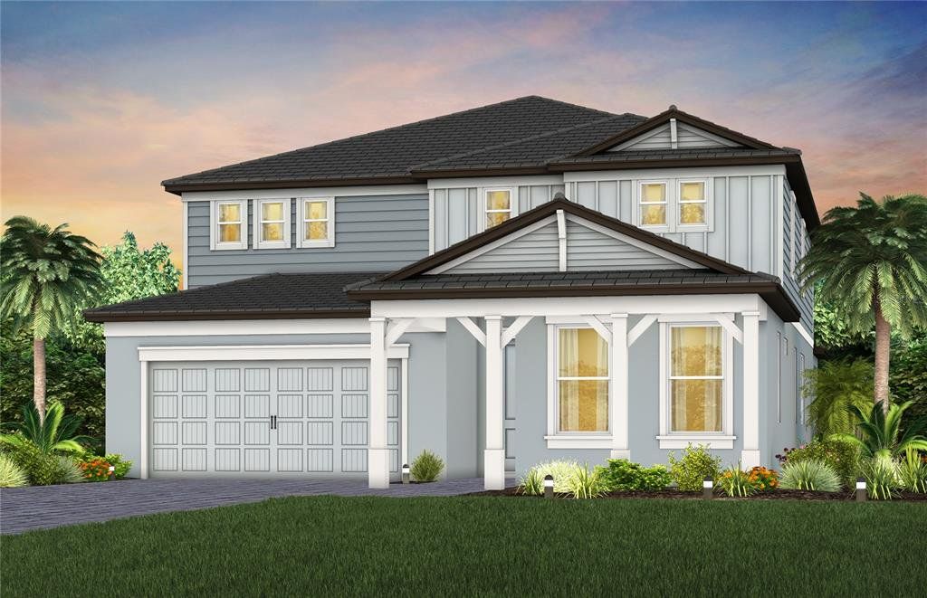 Front exterior of a new home in Two Rivers, Zephyrhills, FL, highlighting curb appeal (Image 1). Front exterior of a new home in Two Rivers, Zephyrhills, FL, highlighting curb appeal (Image 1).