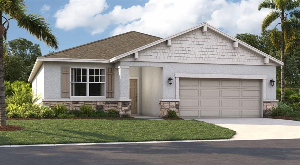Front exterior of a new home in Village at Windsor Reserve, Eagle Lake, FL, highlighting curb appeal (Image 1).