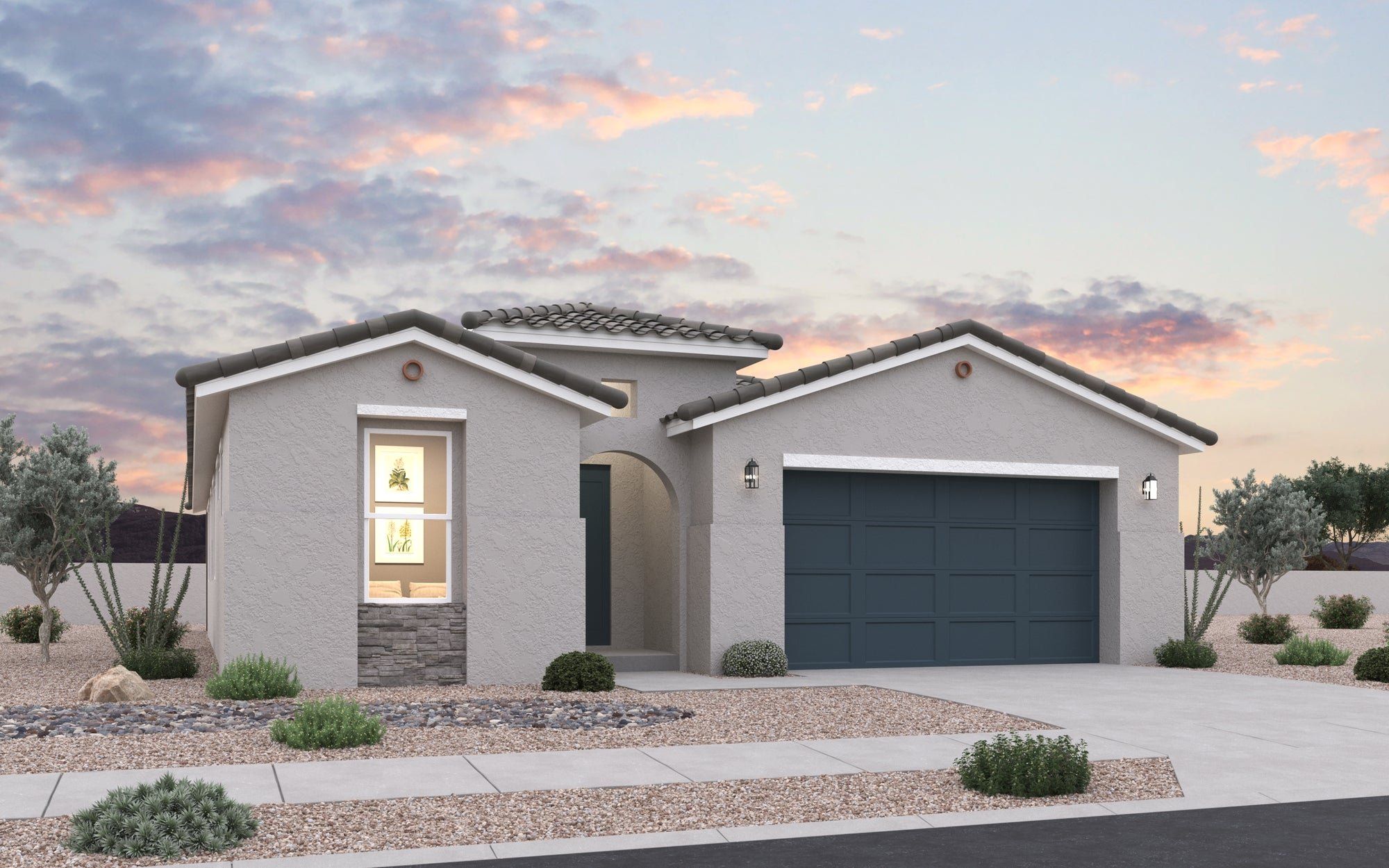 Front exterior of a new home in Apache Farms, Buckeye, AZ, highlighting curb appeal (Image 1). Front exterior of a new home in Apache Farms, Buckeye, AZ, highlighting curb appeal (Image 1).