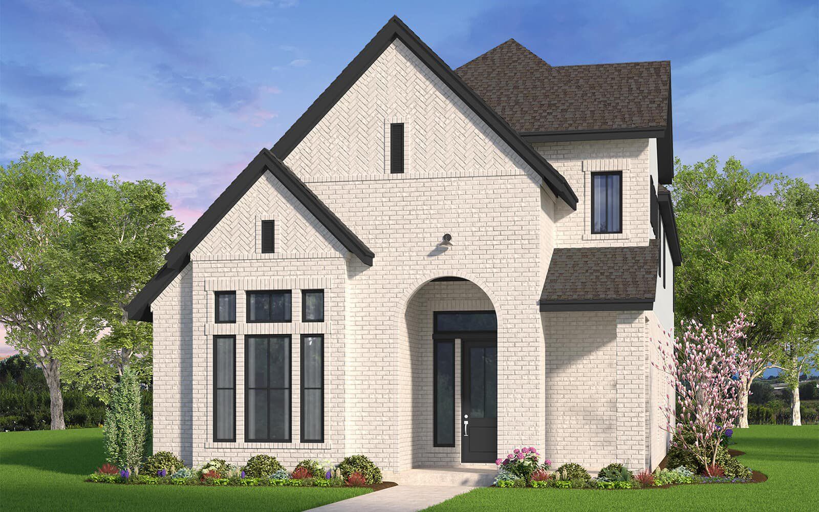 Front exterior of a new home in 40' Traditional Homes at The Grove Frisco, Frisco, TX, highlighting curb appeal (Image 1).