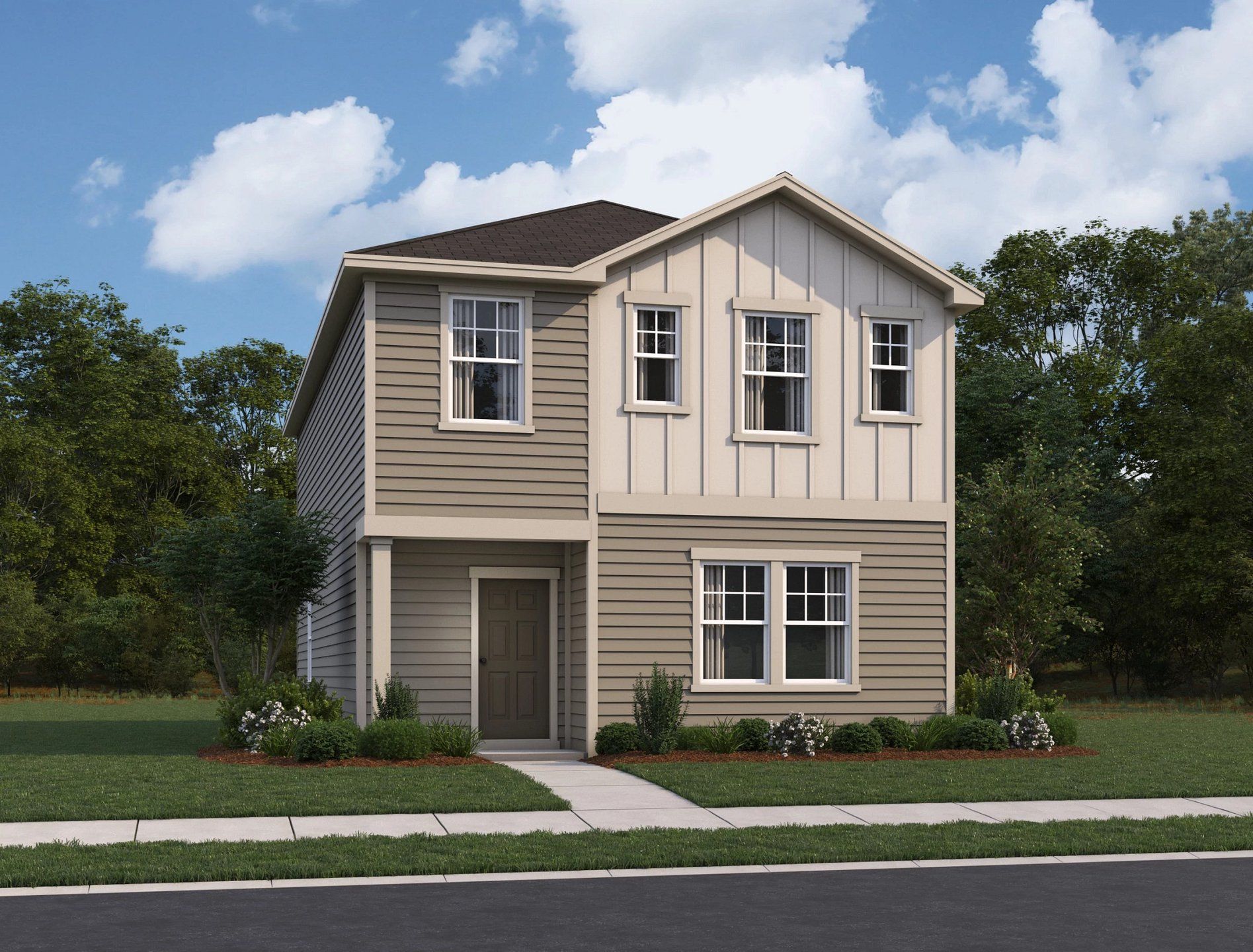 Front exterior of a new home in Sutton Farms, San Antonio, TX, highlighting curb appeal (Image 1). Front exterior of a new home in Sutton Farms, San Antonio, TX, highlighting curb appeal (Image 1).