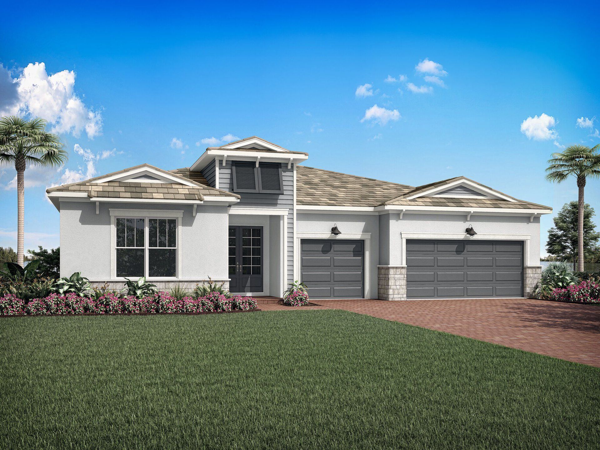 Front exterior of a new home in Tradition - Seville, Port St. Lucie, FL, highlighting curb appeal (Image 1).