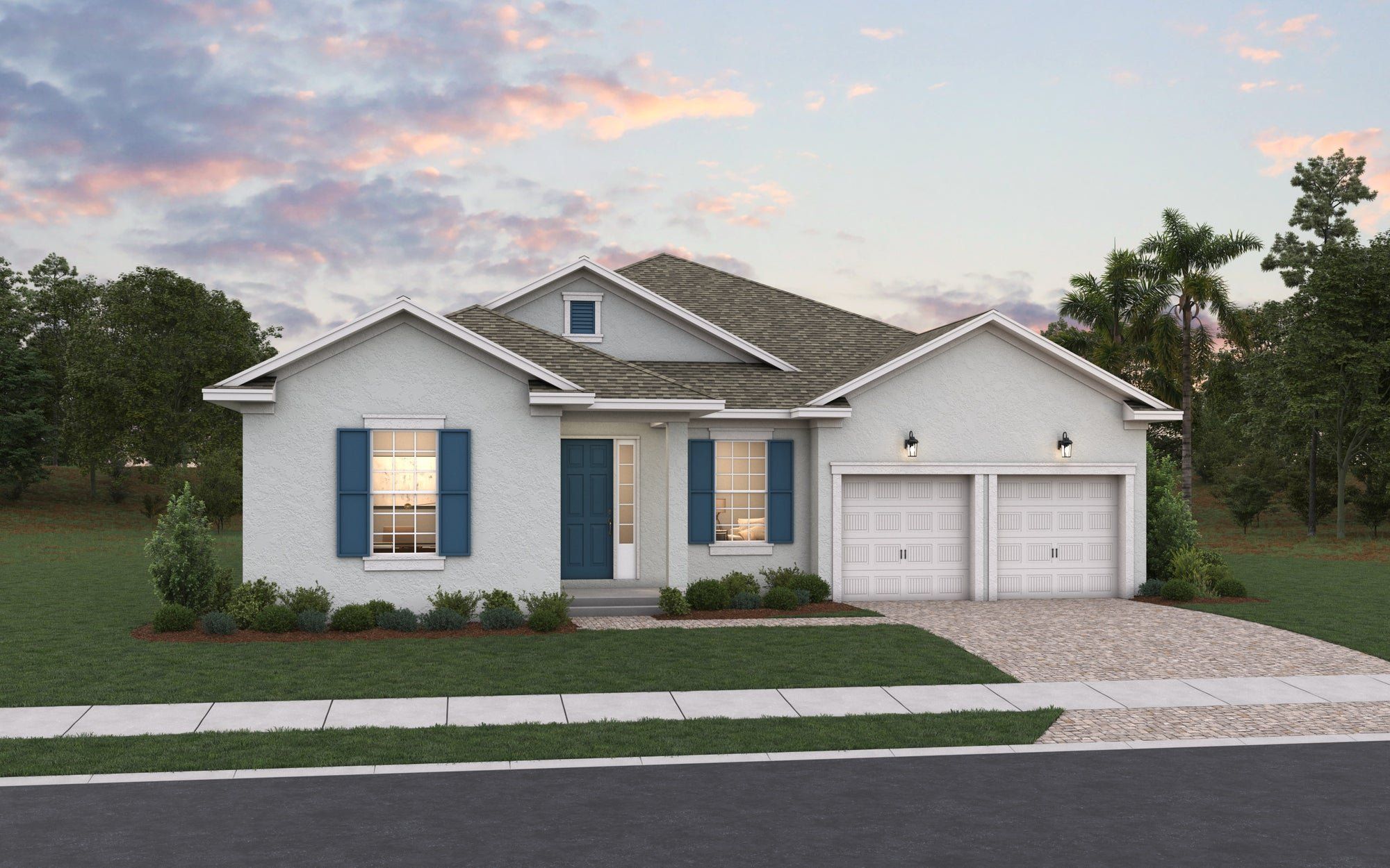 Front exterior of a new home in Avalon Woods, Winter Garden, FL, highlighting curb appeal (Image 1). Front exterior of a new home in Avalon Woods, Winter Garden, FL, highlighting curb appeal (Image 1).