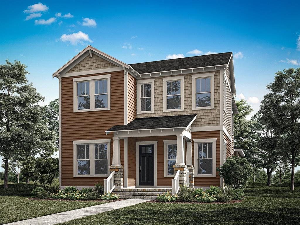 Front exterior of a new home in Celebration - Island Village, Celebration, FL, highlighting curb appeal (Image 1). Front exterior of a new home in Celebration - Island Village, Celebration, FL, highlighting curb appeal (Image 1).