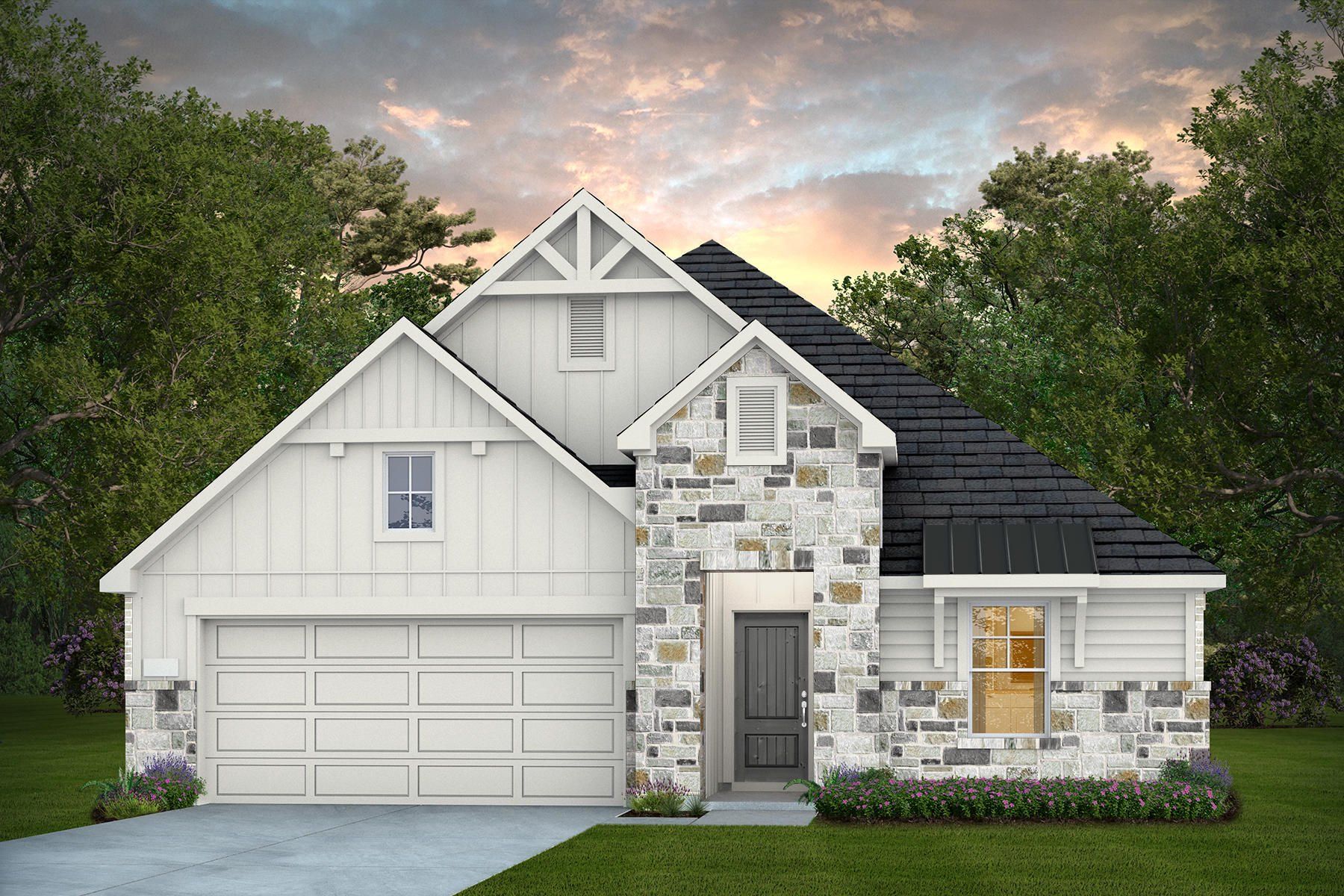 Front exterior of a new home in Pulte Homes at Two Step Farm, Montgomery, TX, highlighting curb appeal (Image 1). Front exterior of a new home in Pulte Homes at Two Step Farm, Montgomery, TX, highlighting curb appeal (Image 1).