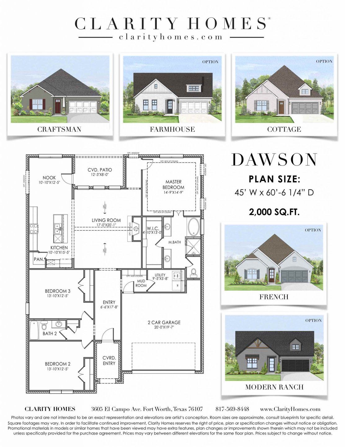 2D floor plan layout for the Dawson by Clarity Homes in The Bluffs At Parks Of Aledo, Aledo, TX (Image 1).