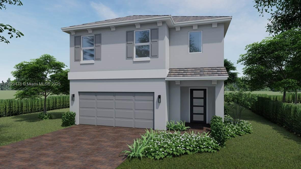 Front exterior of a new home in Messina Place, Homestead, FL, highlighting curb appeal (Image 1).