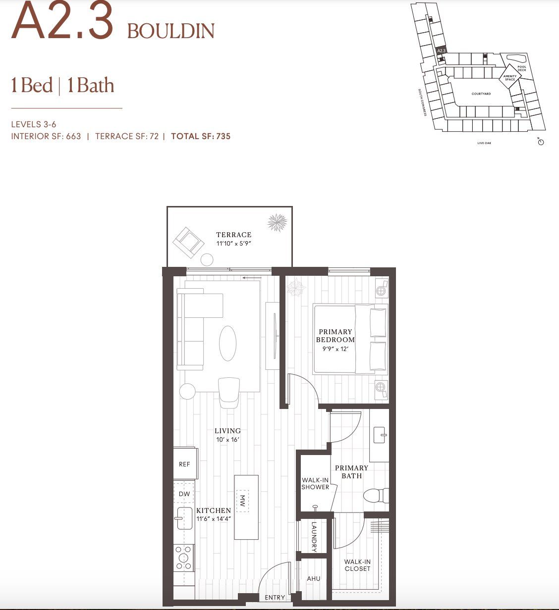 2D floor plan layout for the A2.3 Bouldin by Intracorp in Leland South Congress, Austin, TX (Image 1).