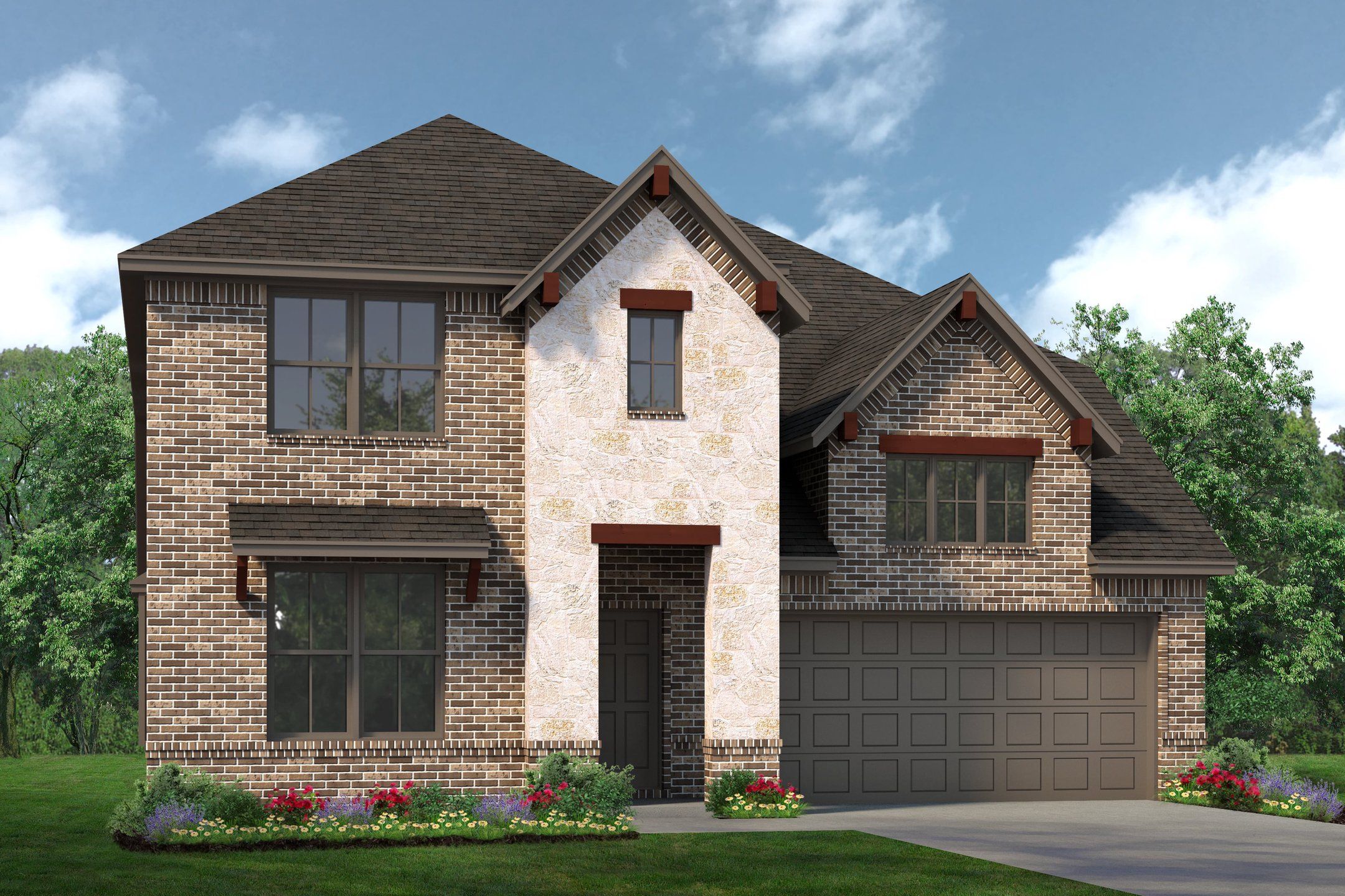 Front exterior of a new home in Meadow Park at The Meadows, Ponder, TX, highlighting curb appeal (Image 1). Front exterior of a new home in Meadow Park at The Meadows, Ponder, TX, highlighting curb appeal (Image 1).