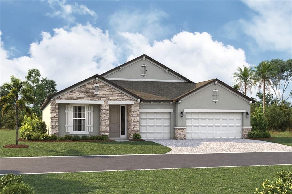 Front exterior of a new home in Creeks Edge at Twin Rivers, Parrish, FL, highlighting curb appeal (Image 1). Front exterior of a new home in Creeks Edge at Twin Rivers, Parrish, FL, highlighting curb appeal (Image 1).