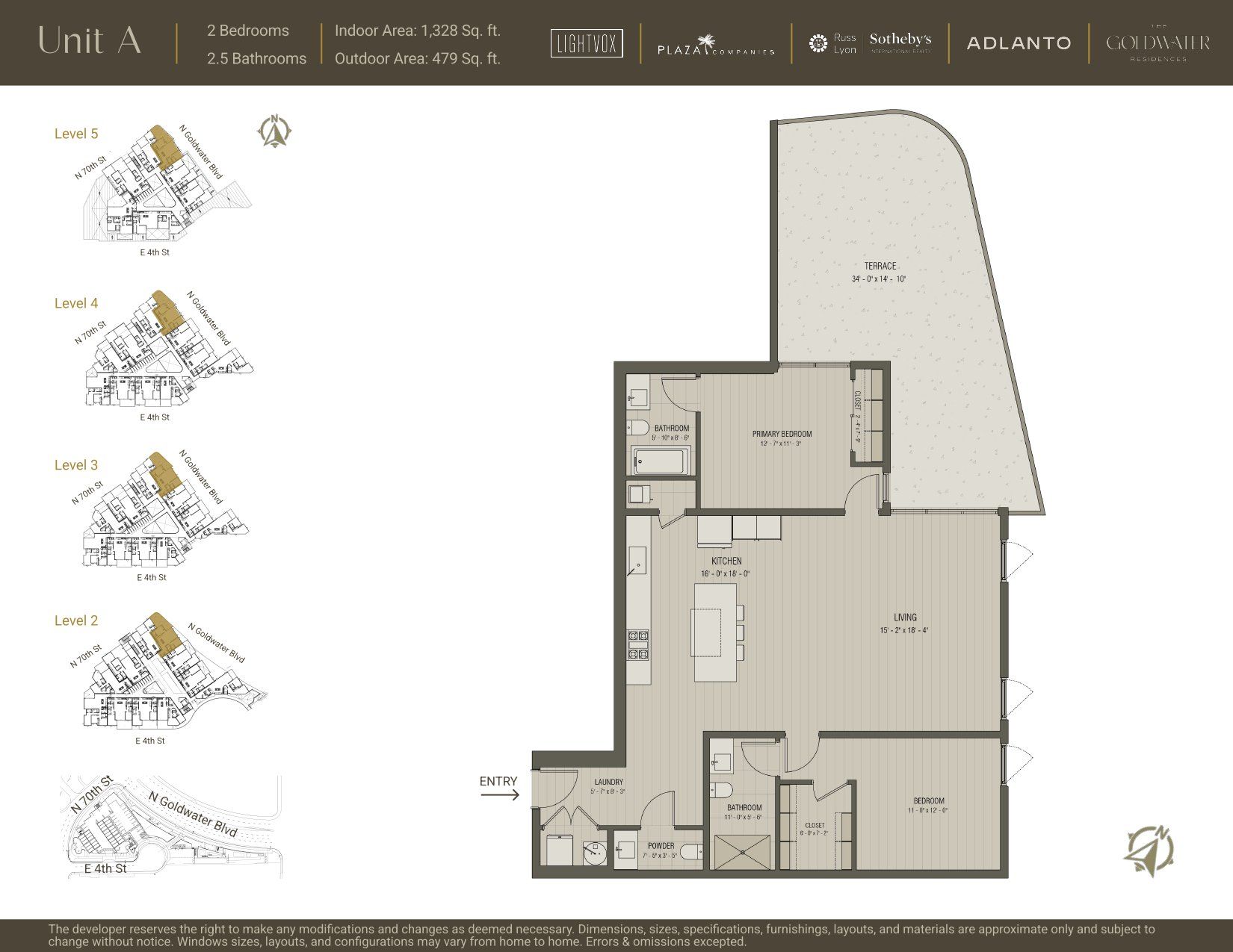 2D floor plan layout for the Unit A by Adlanto in The Goldwater Residences, Scottsdale, AZ (Image 1).