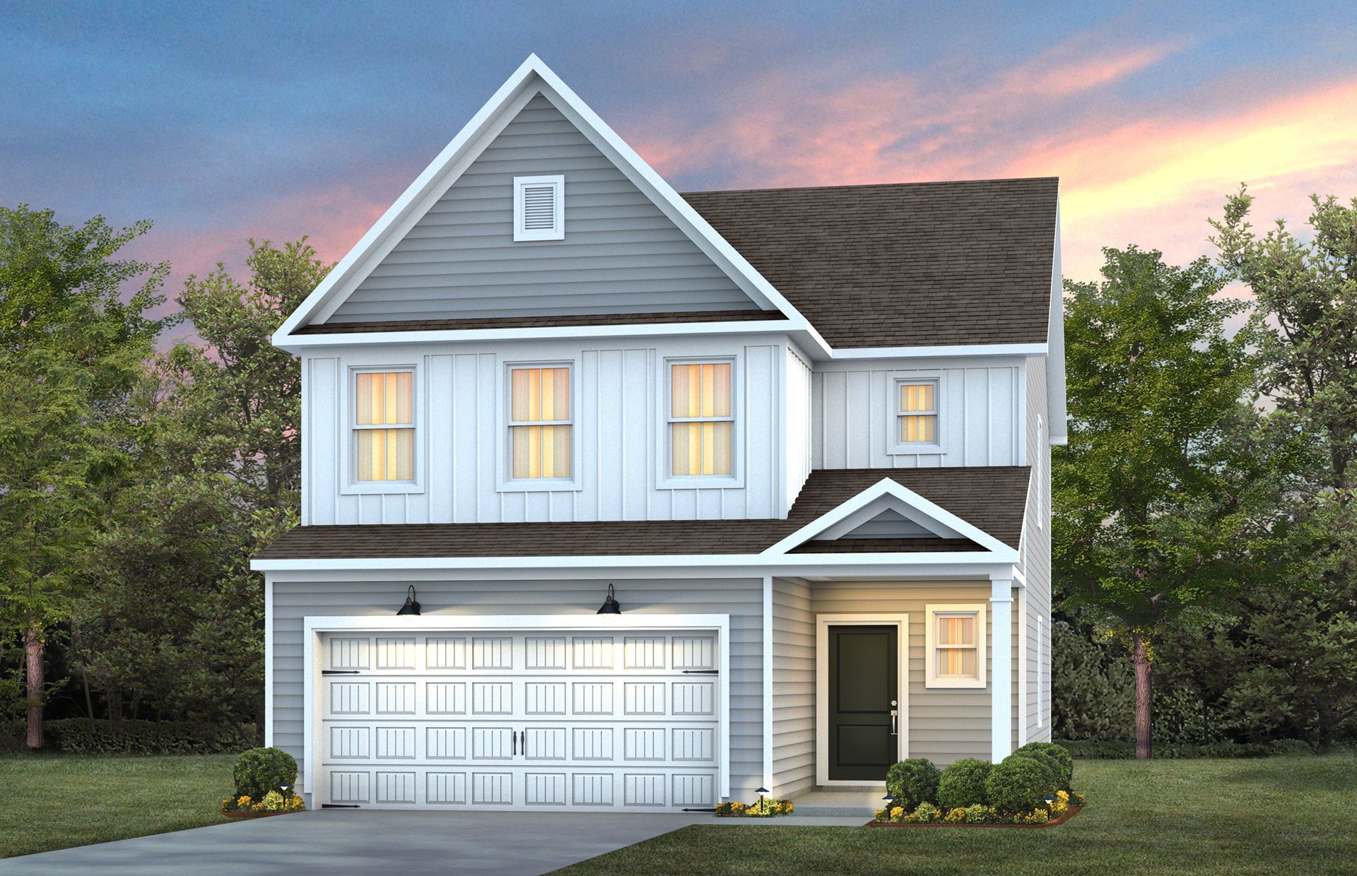 Front exterior of a new home in Solana, Durham, NC, highlighting curb appeal (Image 1). Front exterior of a new home in Solana, Durham, NC, highlighting curb appeal (Image 1).