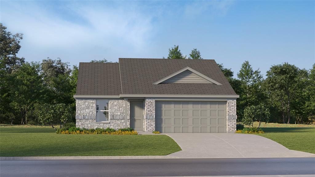 View of front of property featuring a front lawn, stone siding, concrete driveway, and an attached garage View of front of property featuring a front lawn, stone siding, concrete driveway, and an attached garage