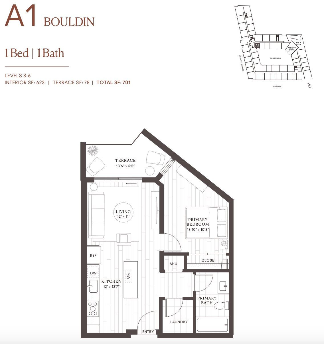 2D floor plan layout for the A1 Bouldin by Intracorp in Leland South Congress, Austin, TX (Image 1). 2D floor plan layout for the A1 Bouldin by Intracorp in Leland South Congress, Austin, TX (Image 1).