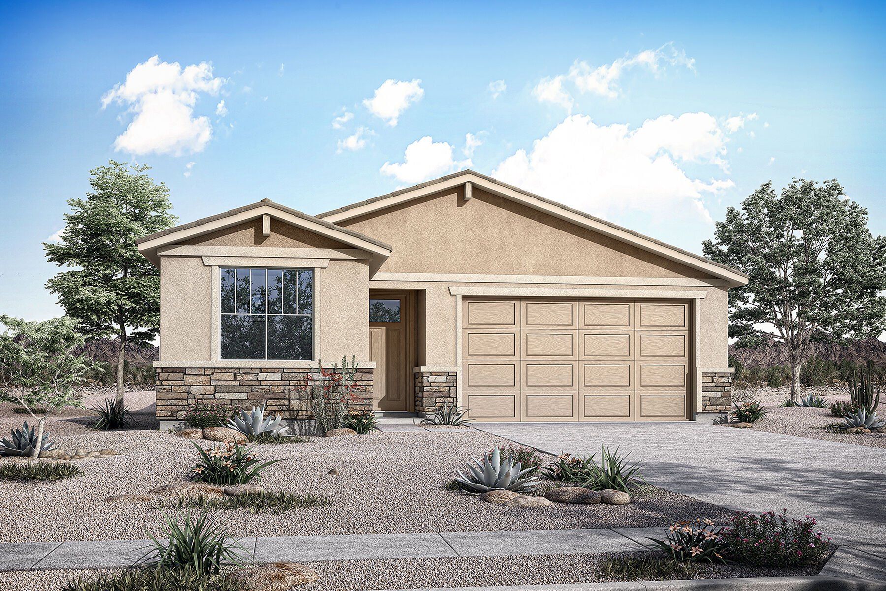 Front exterior of a new home in Empire Pointe, Queen Creek, AZ, highlighting curb appeal (Image 1). Front exterior of a new home in Empire Pointe, Queen Creek, AZ, highlighting curb appeal (Image 1).